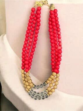 Red and Gold Clear Beaded Necklace - Women's Jewelry Talbots Red & Gold  3 S